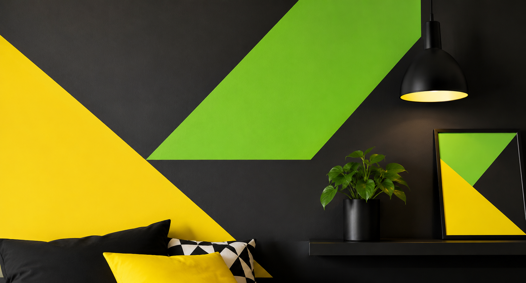 Parete geometrica moderna con pittura murale lavabile PopIntenso, ideale per decori creativi, fasce colorate, camerette, palestre, studi e locali commerciali.